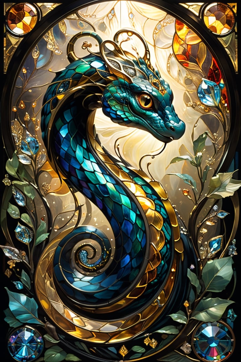 Black and gold snake, magical fantasy art is done in oil paint and liquid chrome, liquid rainbow, golden line, best quality,  fairytale, patchwork, (stained glass:1.2), storybook detailed illustration, cinematic, ultra highly detailed, tiny details, beautiful details, mystical, luminism, vibrant colors, complex background, resolution hyperdetailed intricate liminal eerie precisionism, intricate background, (dark luminescent:1.2) art by Alphonse Mucha,  Alan Lee, crystalz,shards,glass,crystalz