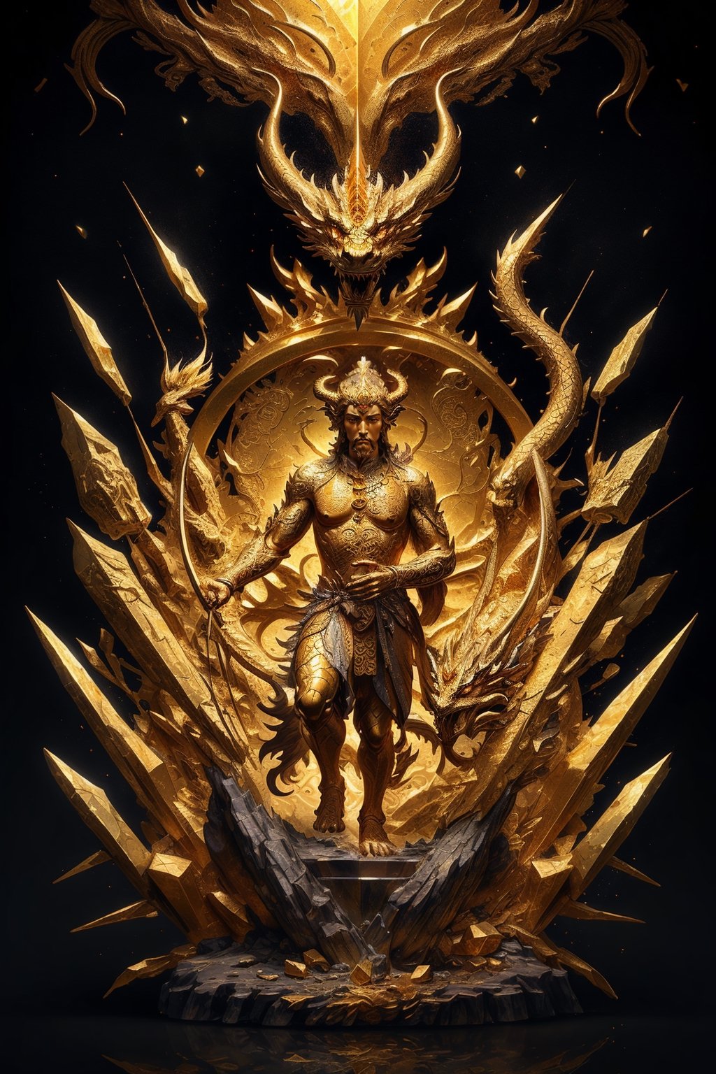 1 chinese full body God with dragon hyperdetailed dark bronze sculpture, perfect face, (masterful:1.3), in the ancient style of the best chinese art, detailed and intricate, golden line, yellow crystals, glass elements, complex background, golden intricately detailed background, black color,bg_imgs,dragon