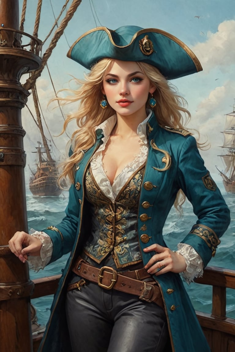 Oil painting of a very beautiful pirate captain  manga blonde girl, perfect detailed eyes, perfect detailed nose, perfect detailed lips. She wears a teal velvet long jacket with golden buttons, shirt adorned with lace, blue leather trousers, Intricately detailed accessories and pirate hat. She is on the deck of her ship and cheers her crew on to fight during the battle. Dynamic pose. Masterpiece, vibrant colors, warm light, eerie detail perfection, absurdres detail, realistic illustration, extremely detailed, intricately sharp details, sharp focus, chaotic (ships battle scenario:1.3), ships on background 