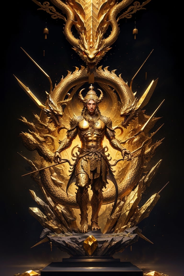 1 chinese full body God with dragon hyperdetailed dark bronze sculpture, perfect face, (masterful:1.3), in the ancient style of the best chinese art, detailed and intricate, golden line, yellow crystals, glass elements, complex background, golden intricately detailed background, black color,bg_imgs,dragon