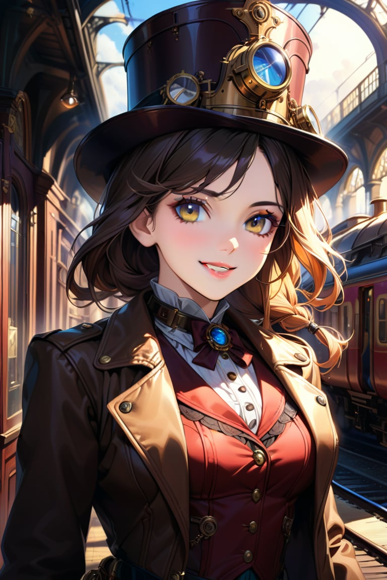 Very beautiful girl with a steampunk beige leather jacket, red waistcoat and hat, intricately detailed brass accessories. Masterpiece, illustration, extremely detailed, beautiful detailed eyes, beautiful detailed mouth, warmly smile, bright colors, victorian railway station on background, complex_background 