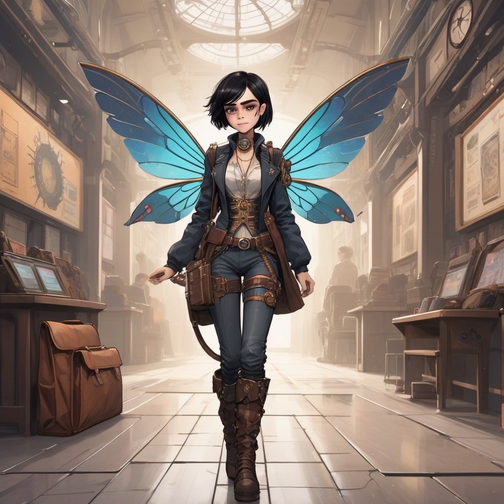 1_Girl, 34yo, cute Manga, (((stands on the floor))), alone, solo, smiles happy,  short black hair, (((futuristic steampunk))),  with dragonfly wings on the back, (((looks like Cara Delevingne on Carnival Row))), school bag , Steampunk boots, Solo, holds a Tablet in his hand,  full body view, muted colors, detailed, 8k, Solo,  perfect detailed, ultra sharp focus, Sony Alpha 1, Sony FE 35-95mm f/2.8 GM,