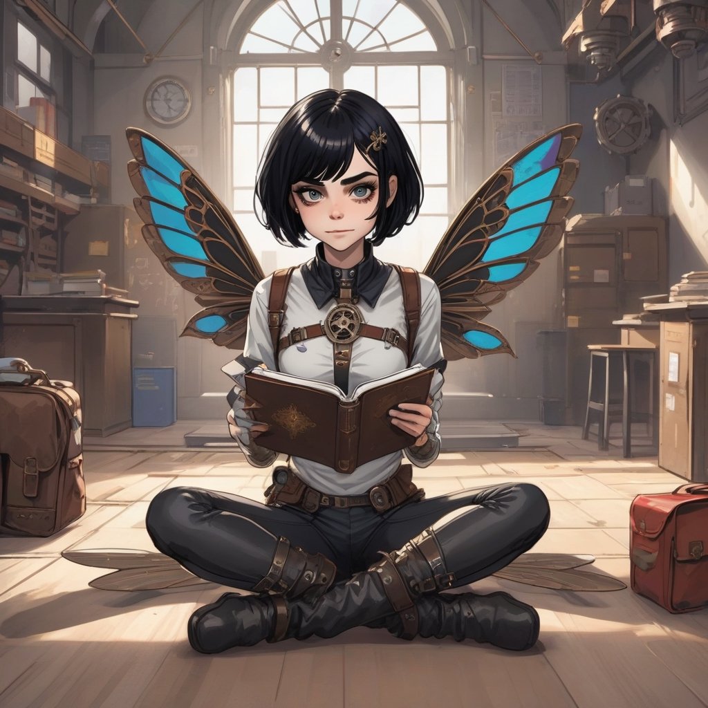 1_Girl, 34yo, cute Manga, (((sits cross-legged on the floor))), alone, solo, smiles happy,  short black hair, (((futuristic steampunk))),  with dragonfly wings on the back, (((looks like Cara Delevingne on Carnival Row))), school bag , Steampunk boots, Solo, holds a textbook in his hand,  full body view, muted colors, detailed, 8k, Solo,  perfect detailed, ultra sharp focus, Sony Alpha 1, Sony FE 35-95mm f/2.8 GM,