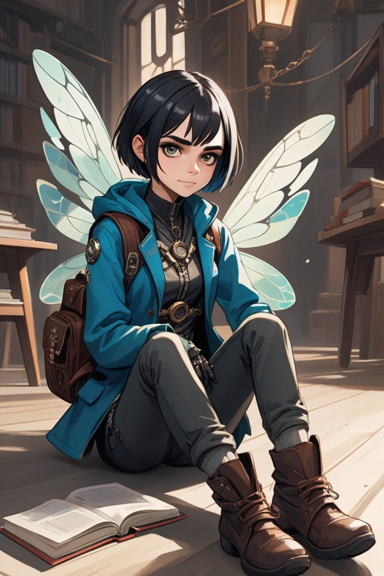 1_Girl, 34yo, cute Manga, (((sits cross-legged on the floor))), alone, solo, smiles happy,  short black hair, (((futuristic steampunk))),  with dragonfly wings on the back, (((looks like Cara Delevingne on Carnival Row))), school bag , Steampunk boots, Solo, holds a textbook in his hand,  full body view, muted colors, detailed, 8k, Solo,  perfect detailed, ultra sharp focus, Sony Alpha 1, Sony FE 35-95mm f/2.8 GM,