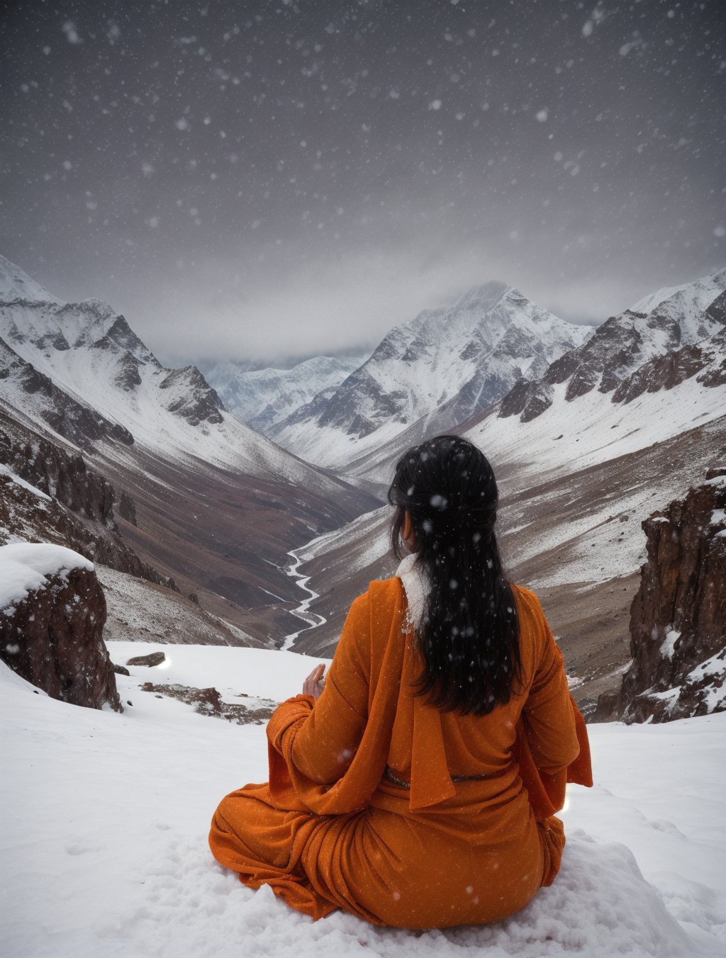 ((backview)), a young, hindu priestess, female, ((meditating:1.2)) in the rocky (mountaintop) of the himalayas in a snowy blizzard, covered in snow, snowfall. draped in a orange cloth.