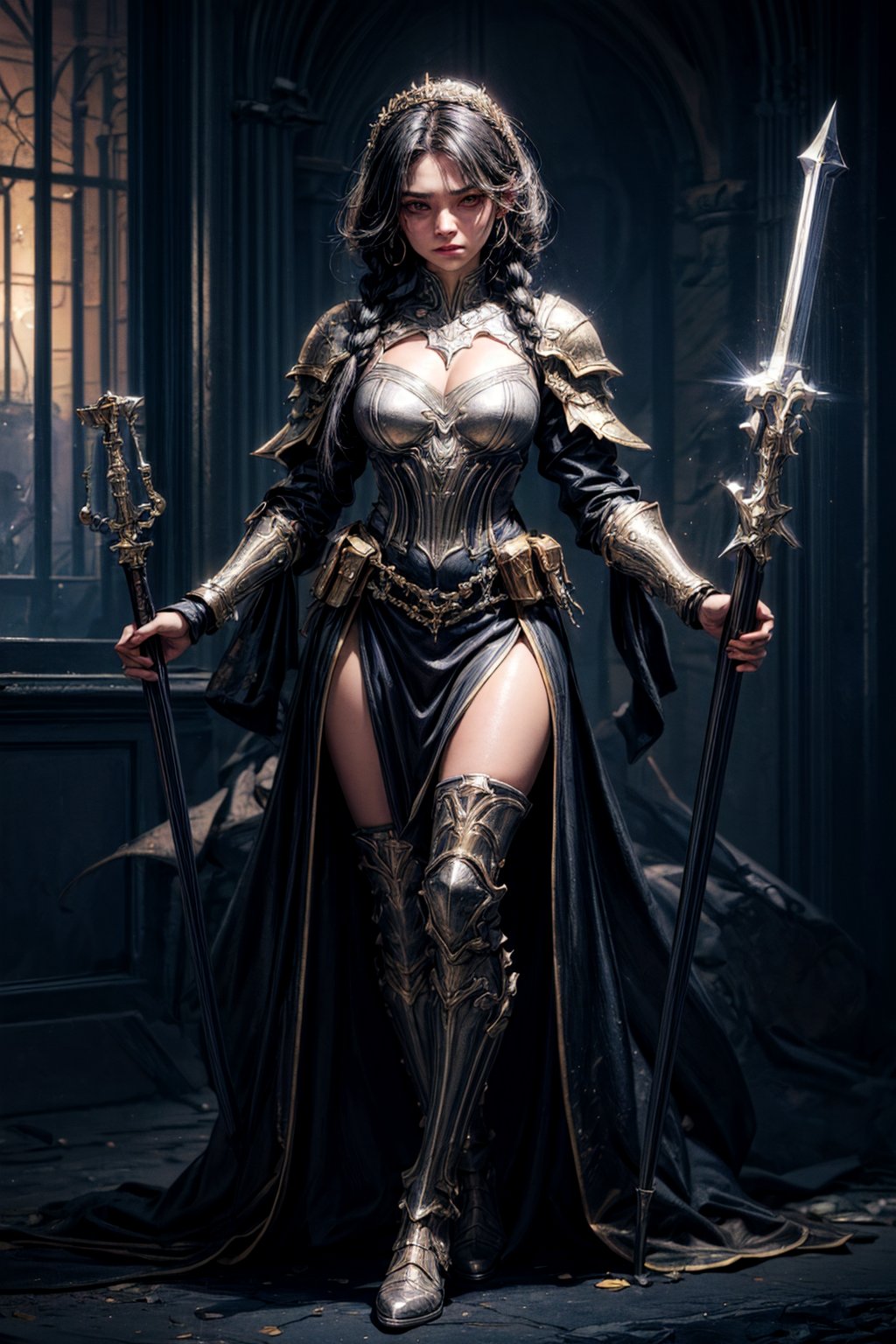 best quality, detailed face, full body, tower, queen in dark knight's armor with silver details. she has black hair in 2braids. her black eyes are sparkling in anger. her face looks gentle. she is very masculine and brave. in one hand he holds a gold colored sword stained with blood. 
symmetrical, vibrant, style artwork, highly detailed CG, 8k wallpaper, beautiful face, full scene, full body shape
,no_humans