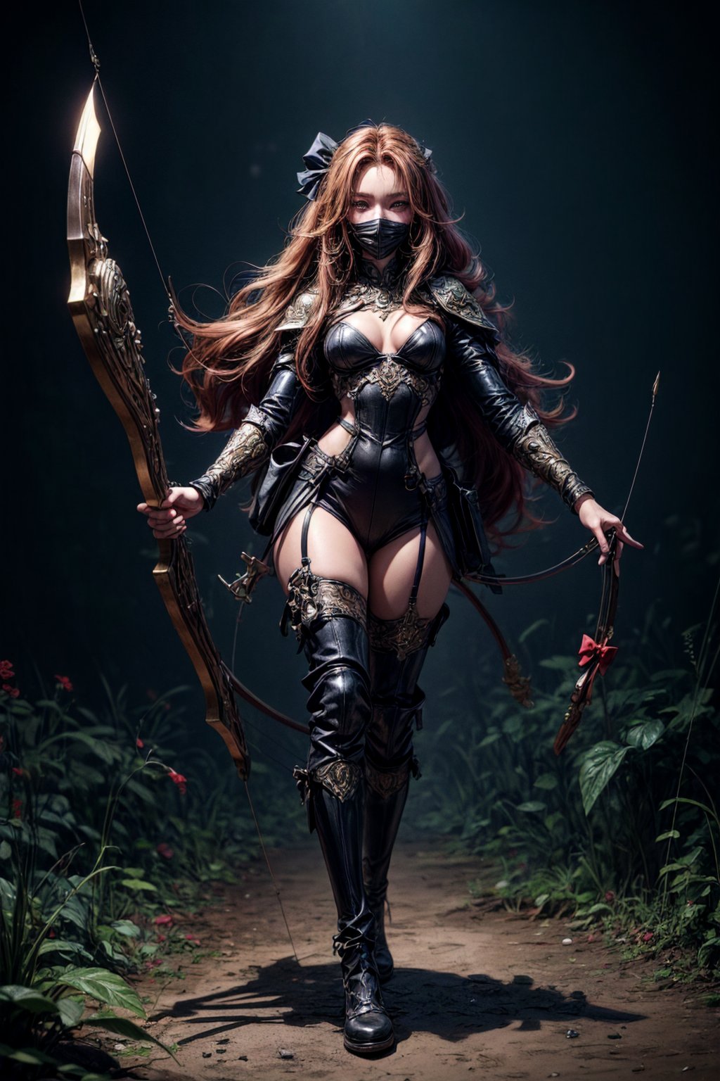 best quality, detailed face, full body, she is amazon. she has a black mask on her face. red long hair down to the ground. she has fit body shape. she is holding a bow and arrow in his hand and is aiming at you.
symmetrical, vibrant, style artwork, highly detailed CG, 8k wallpaper, beautiful face, full scene, full body shape
,no_humans