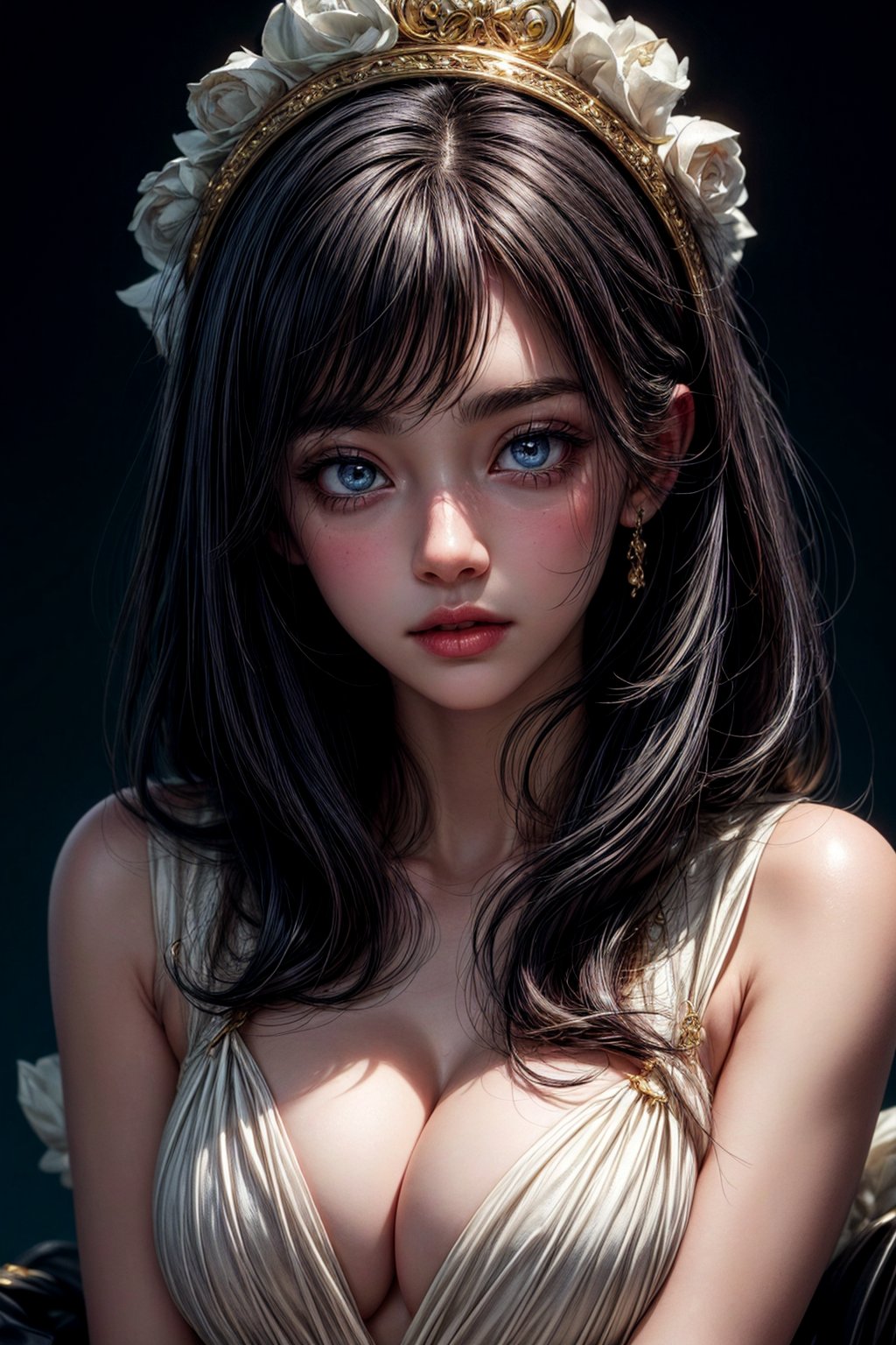 best quality, detailed face, full body, the girl she sits alone in the dark, only her face illuminated by the blue light. she is fully dressed in a white dress with gold details. she has long black hair. her eyes are sparkling blue. her face looks innocent. She is cute and beautiful. 
symmetrical, vibrant, style artwork, highly detailed CG, 8k wallpaper, beautiful face, full scene
