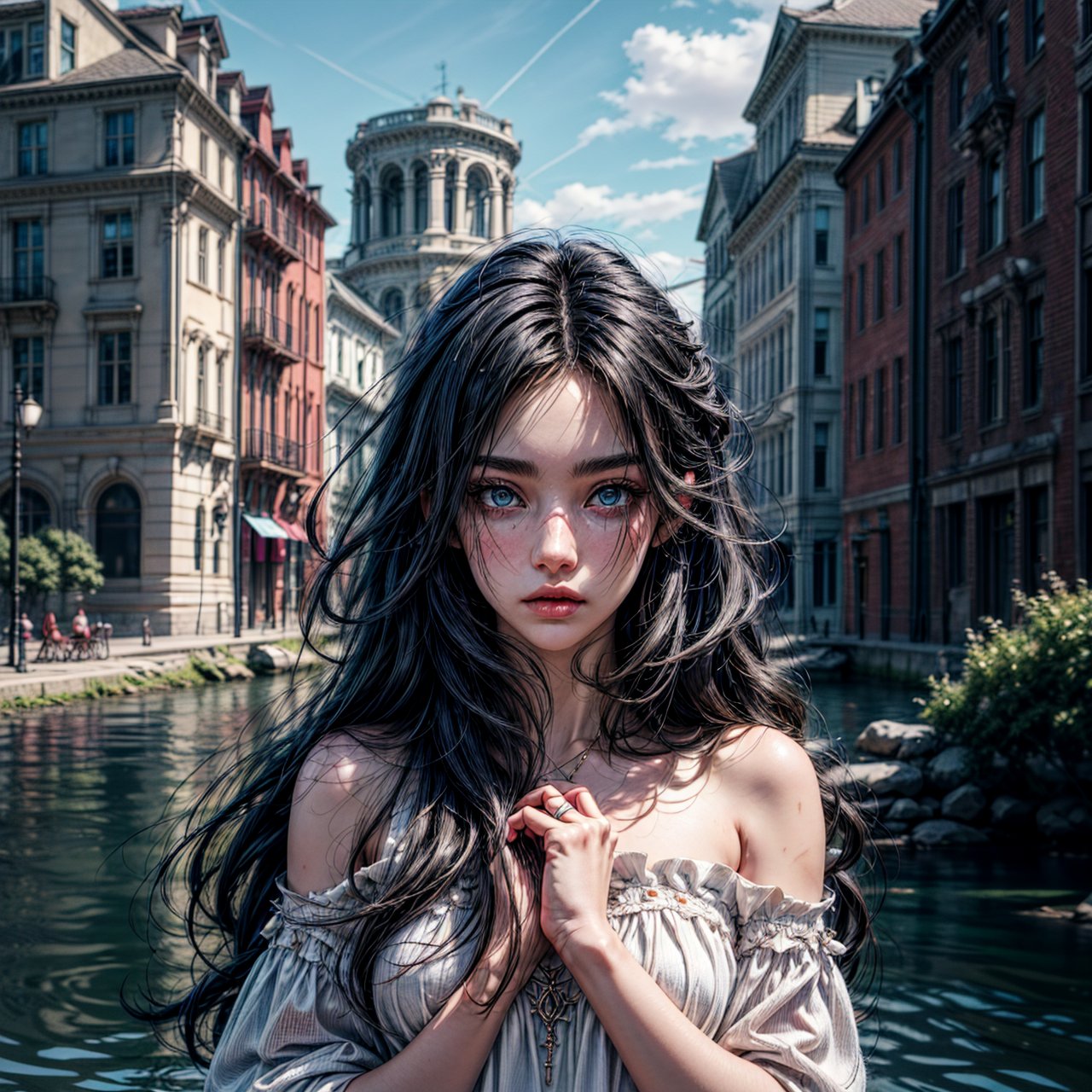 best quality, detailed face, a girl, very beautiful, long black hair, blue eyes, lies by the river, covered in a white thin dress, scars on hands
symmetrical, vibrant, style artwork, highly detailed CG, 8k wallpaper, beautiful face, full scene,
