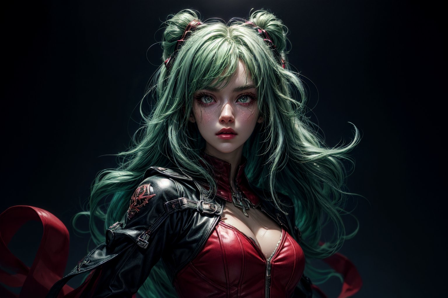 best quality, detailed face, beautiful face, girl, long neon green hair, red eyes, action_pose, fight, lab, dark room,
symmetrical, vibrant, style artwork, highly detailed CG, 8k wallpaper, beautiful face, full scene, full body shape
