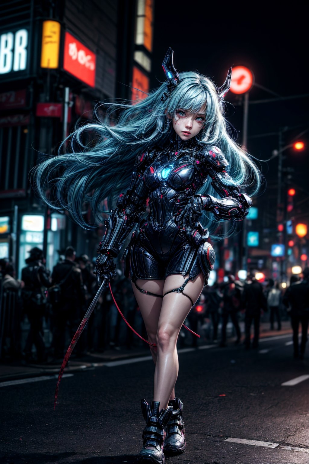 best quality, detailed face, full figure,a half-hybrid robot girl, her left hand is all robotic, her right hand is human,her eyes are light blue, her hair is blood red, her face is beautiful but her expression is blank, her legs are half-robotic, the girl is walking down the night Tokyo street full of neon lights
symmetrical, vibrant, style artwork, highly detailed CG, 8k wallpaper, beautiful face, full scene, full body shape
