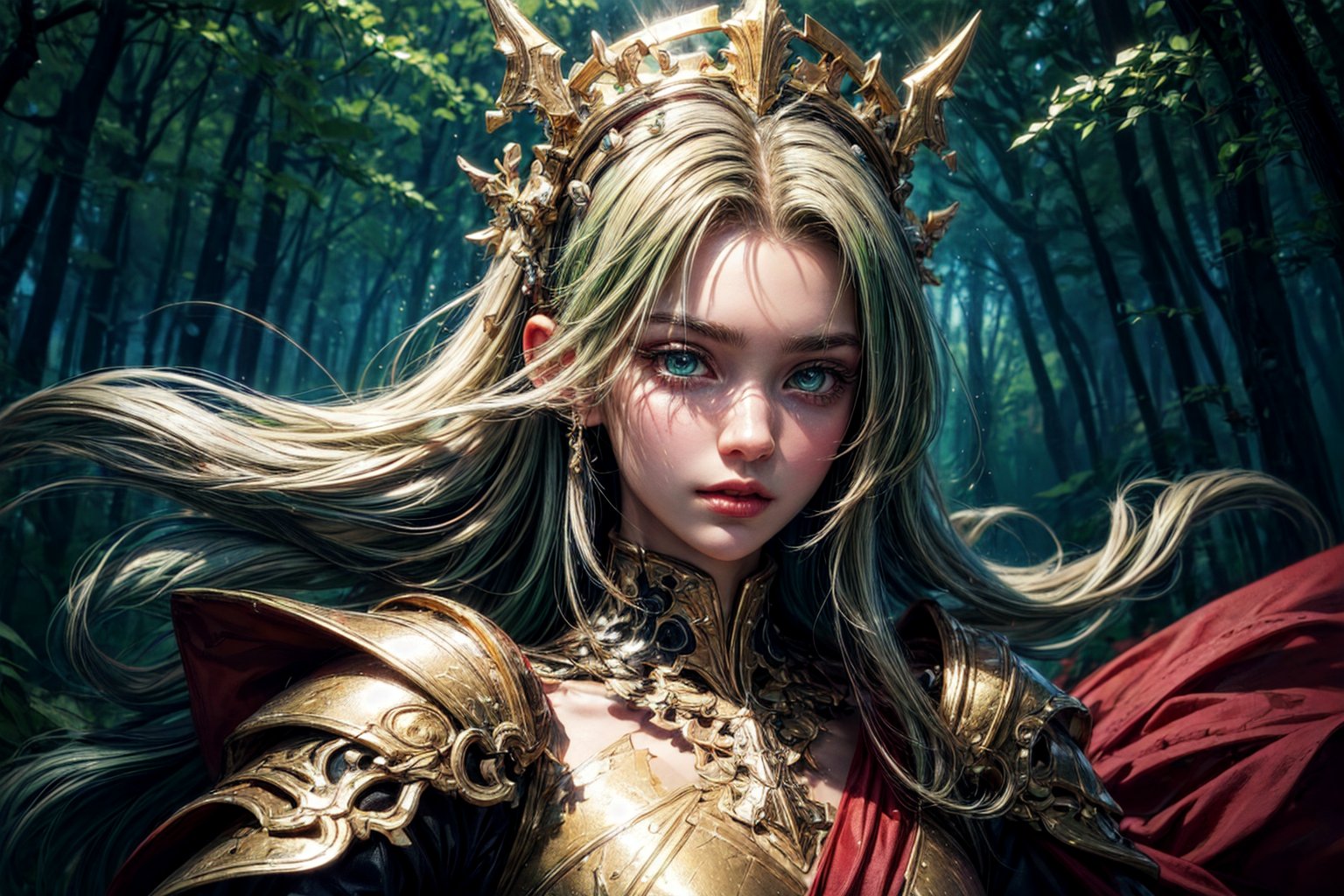 best quality, detailed face, full body, forest, queen in gold knight's armor with red details. she has red long hair. her eyes are sparkling green. her face looks gentle. she is very masculine. 
symmetrical, vibrant, style artwork, highly detailed CG, 8k wallpaper, beautiful face, full scene
,no_humans