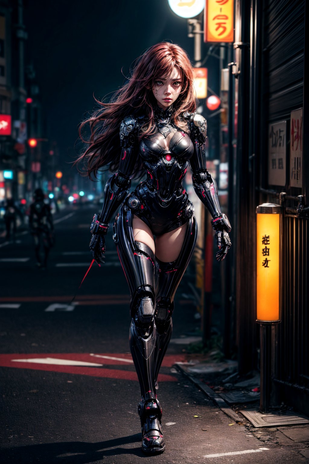 best quality, detailed face, full figure,a half-hybrid robot girl, her left hand is all robotic, her right hand is human, her hair is blood red, her face is beautiful but her expression is blank, her legs are half-robotic, the girl is walking down the night Tokyo street full of neon lights
symmetrical, vibrant, style artwork, highly detailed CG, 8k wallpaper, beautiful face, full scene, full body shape
