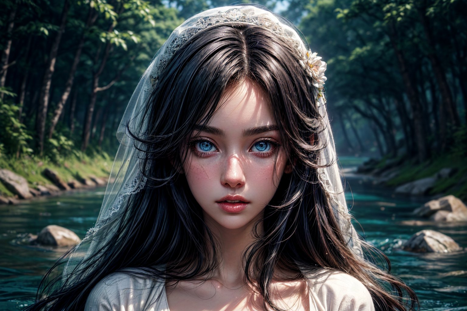 best quality, detailed face, a girl, very beautiful, long black hair, blue eyes, lies by the river, covered in a white thin dress
symmetrical, vibrant, style artwork, highly detailed CG, 8k wallpaper, beautiful face, full scene,
