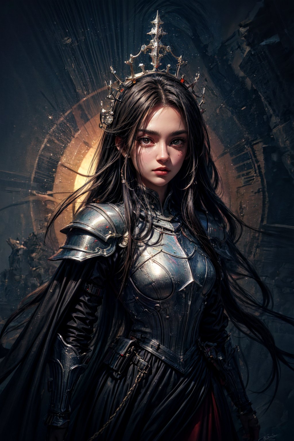 best quality, detailed face, full body, tower, queen in red knight's armor with black details. she has black long hair. her black eyes are sparkling. her face looks gentle. she is very masculine and brave. 
symmetrical, vibrant, style artwork, highly detailed CG, 8k wallpaper, beautiful face, full scene, full body shape
,no_humans