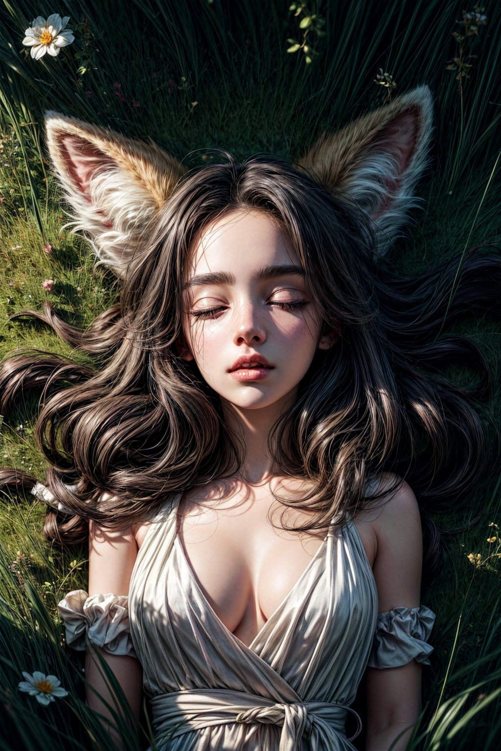 best quality, detailed face, full body, a half-hybrid girl with a fox, she has ears like a fox and a tail like a fox, the rest of her body is human, she has beautiful rusty hair, a beautiful symmetrical face with an innocent cut, she is lying in the grass in the forest, she has beautiful black eyes, wearing a white short dress, sleeping in the grass
symmetrical, vibrant, style artwork, highly detailed CG, 8k wallpaper, beautiful face, full scene, full body shape
,no_humans