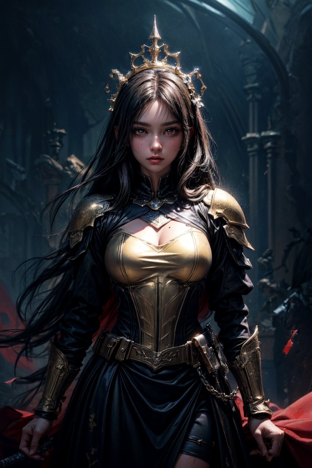 best quality, detailed face, full body, tower, queen in dark knight's armor with silver details. she has black long hair down to the ground. her red eyes are sparkling. her face looks gentle. she is very masculine and brave. in one hand he holds a gold colored sword stained with blood. 
symmetrical, vibrant, style artwork, highly detailed CG, 8k wallpaper, beautiful face, full scene, full body shape
,no_humans