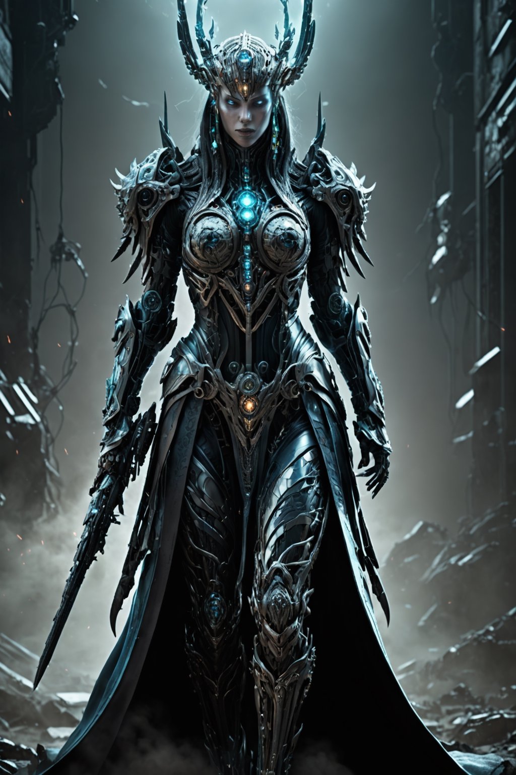 (extremely detailed 8k wallpaper), a medium photo of a fearsome cyborg woman necromancer, intricate, with lots of details, full body photo, dramatic,LegendDarkFantasy