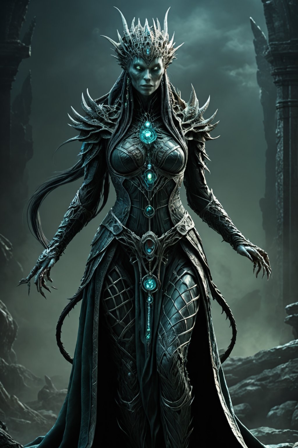 (extremely detailed 8k wallpaper), a medium photo of a fearsome reptilian woman necromancer, intricate, with lots of details, full body photo, dramatic,LegendDarkFantasy