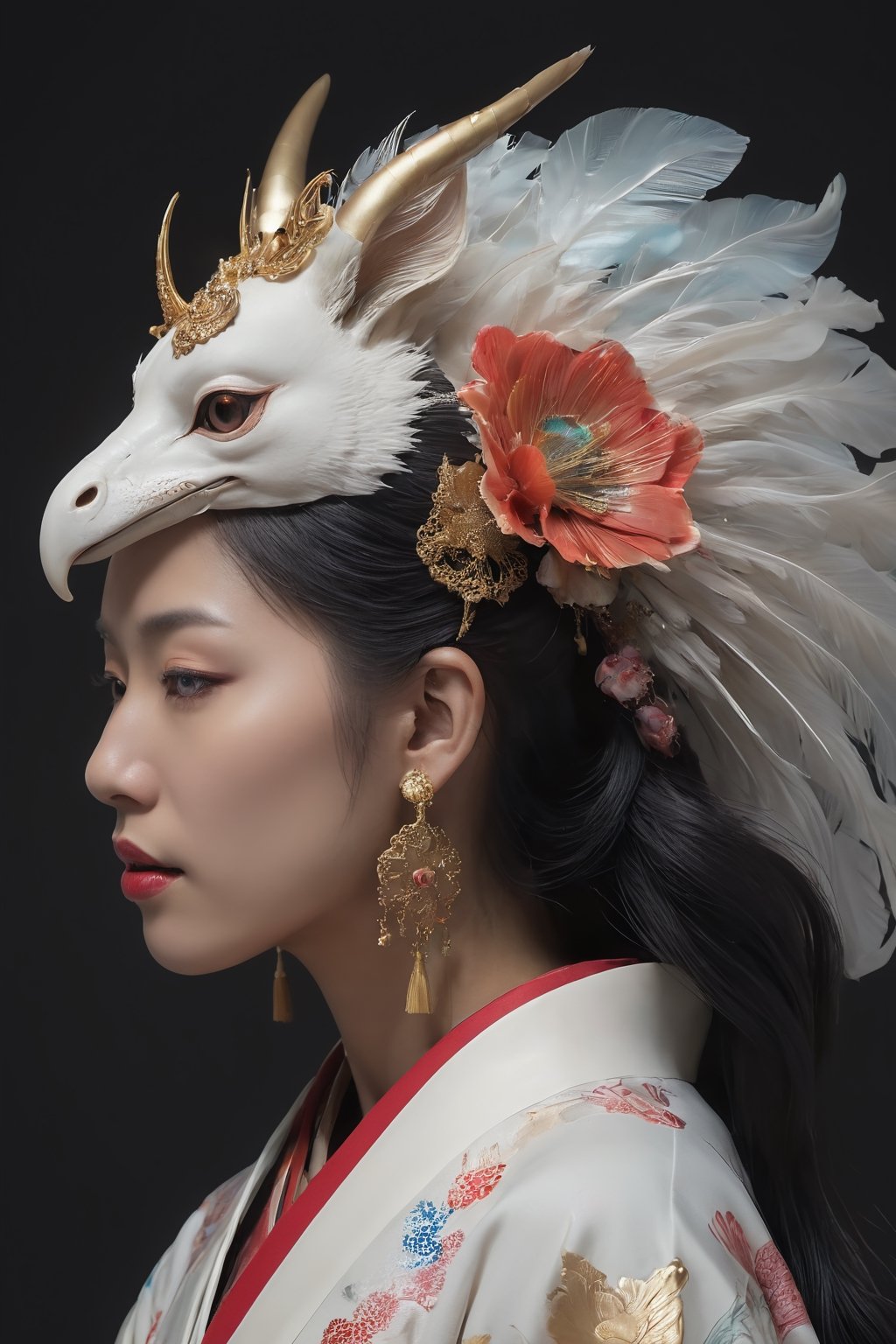 3 d goddess close - up profile portrait with crown, ram skull. beautiful intricately detailed japanese crow kitsune mask and clasical japanese kimono. betta fish, jellyfish phoenix, bio - luminescent, plasma, ice, water, wind, creature, artwork by tooth wu and wlop and beeple and greg rutkowski