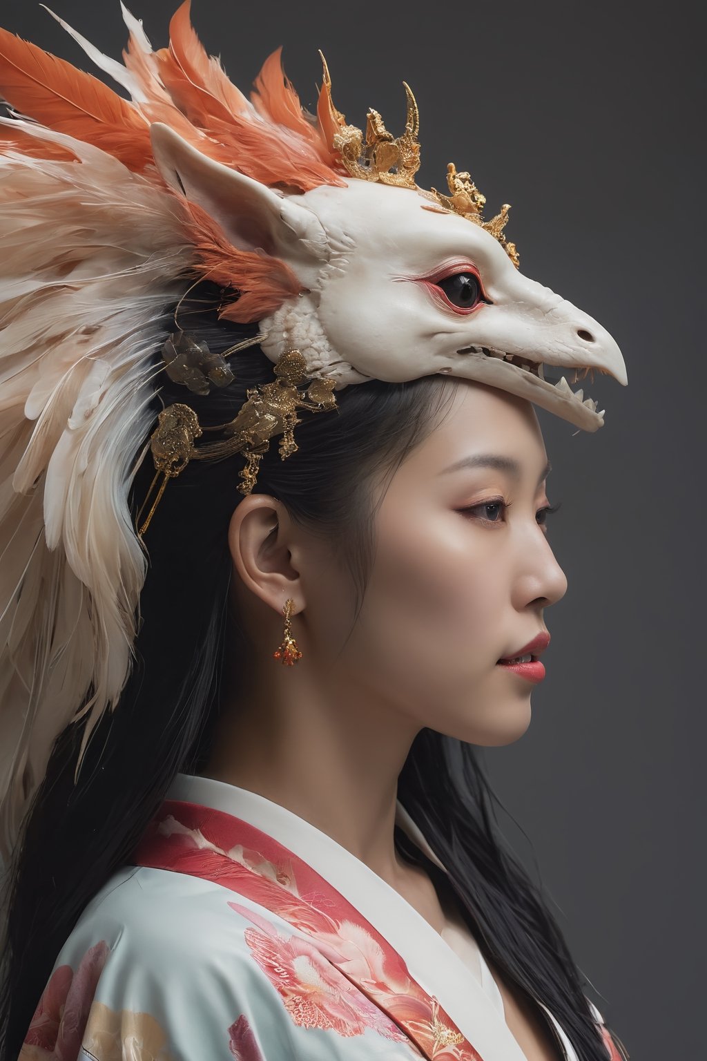 3 d goddess close - up profile portrait with crown, ram skull. beautiful intricately detailed japanese crow kitsune mask and clasical japanese kimono. betta fish, jellyfish phoenix, bio - luminescent, plasma, ice, water, wind, creature, artwork by tooth wu and wlop and beeple and greg rutkowski