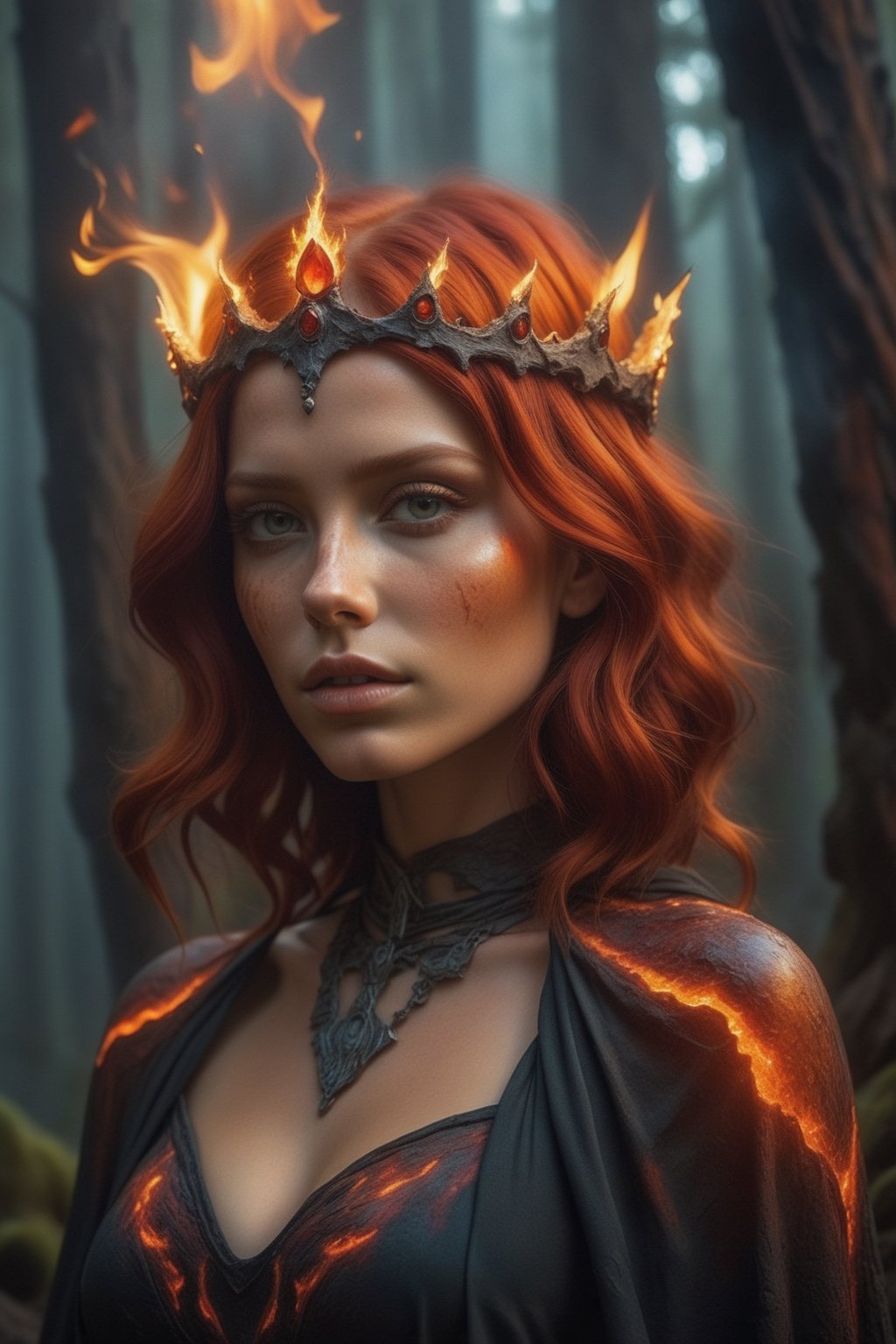 Woman with red hair, in a cracked petrified dress and volcanic lava, a beautiful crown of fire on her head, detailed face, detailed skin, front, burning forest background, cape, unzoom, choker, hyper-detailed painting, luminism, bar lighting, complex, 4k resolution concept artistic portrait of Greg Rutkowski, Artgerm, WLOP, Alphonse Mucha, small realistic gothic pojatti fusion, isometric details bioluminescens fractals: a stunner,fire element