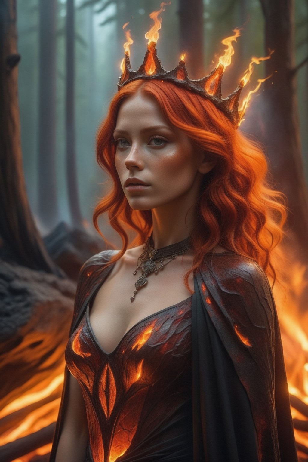 Woman with red hair, in a cracked petrified dress and volcanic lava, a beautiful crown of fire on her head, detailed face, detailed skin, front, burning forest background, cape, unzoom, choker, hyper-detailed painting, luminism, bar lighting, complex, 4k resolution concept artistic portrait of Greg Rutkowski, Artgerm, WLOP, Alphonse Mucha, small realistic gothic pojatti fusion, isometric details bioluminescens fractals: a stunner,fire element