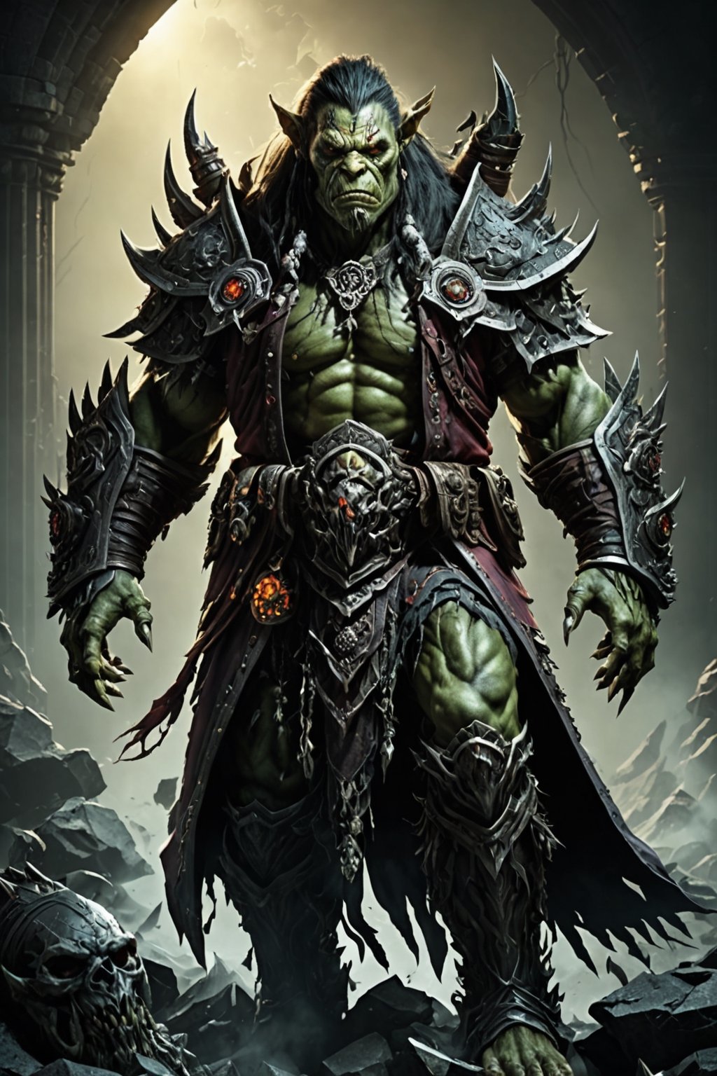 (extremely detailed 8k wallpaper), a medium photo of a fearsome Orc necromancer, intricate, with lots of details, full body photo, dramatic,LegendDarkFantasy