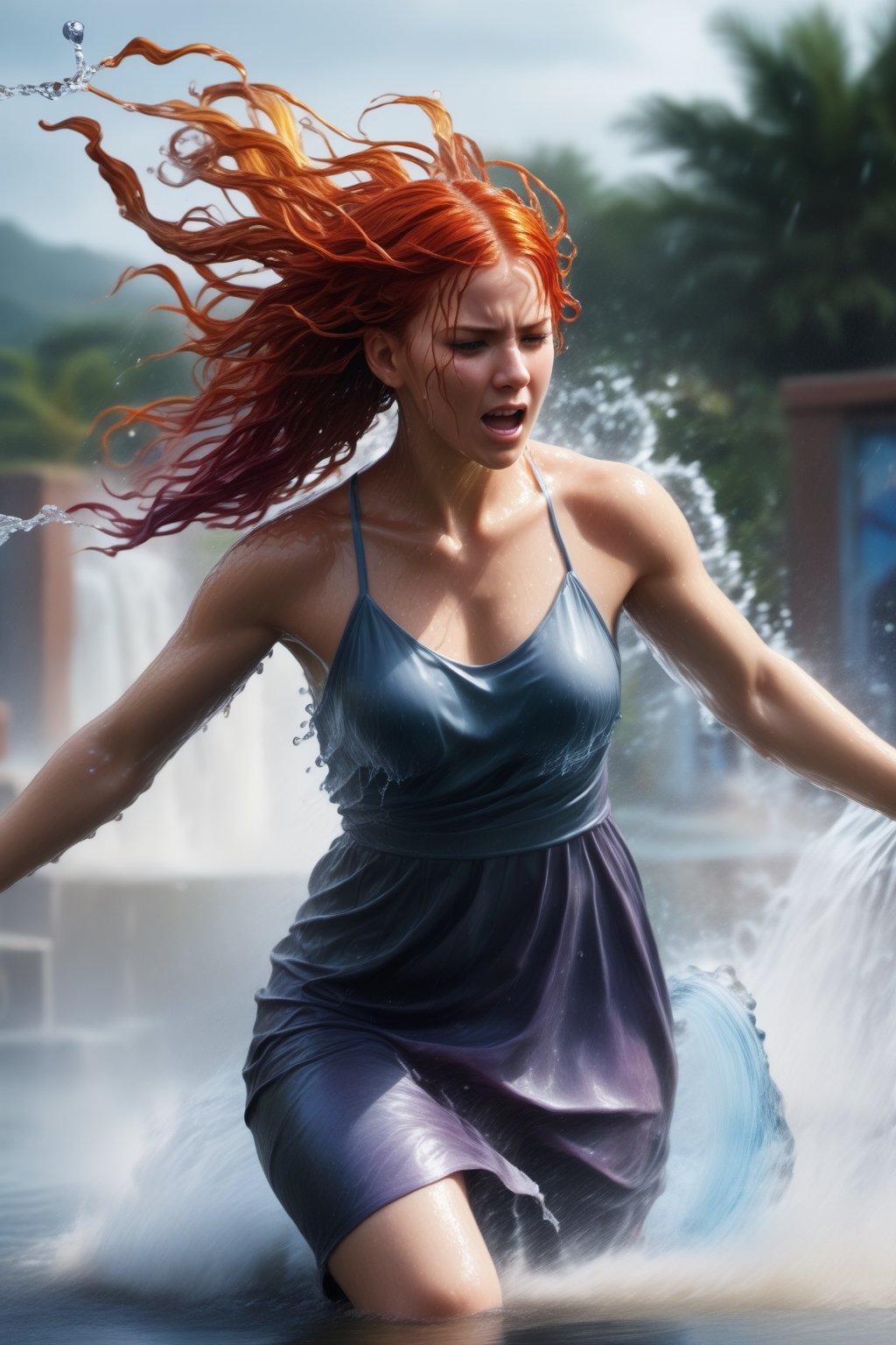 artwork, Best quality, (dynamic pose:0.5), absurdities, 1 girl, fighting pose, piercing water, (attacking with water:1.5) wet clothes, wet hair, wet face, water behind a person, multicolored hair , (Wind:1.4),water dress,photorealistic