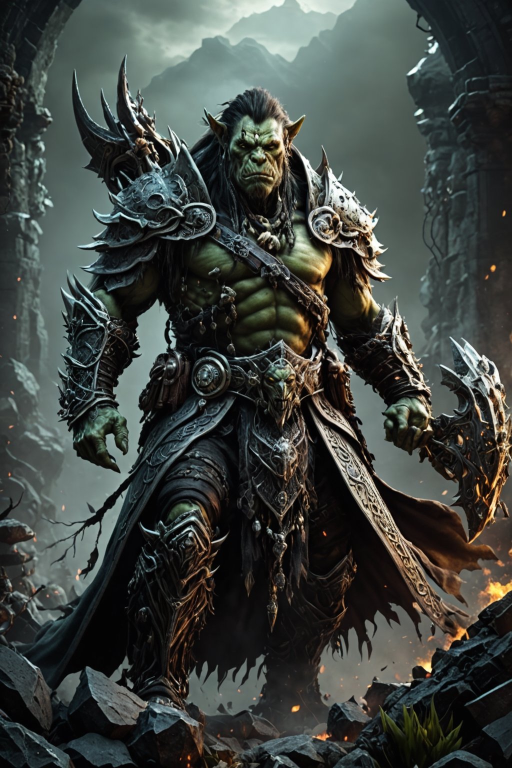 (extremely detailed 8k wallpaper), a medium photo of a fearsome Orc necromancer, intricate, with lots of details, full body photo, dramatic,LegendDarkFantasy