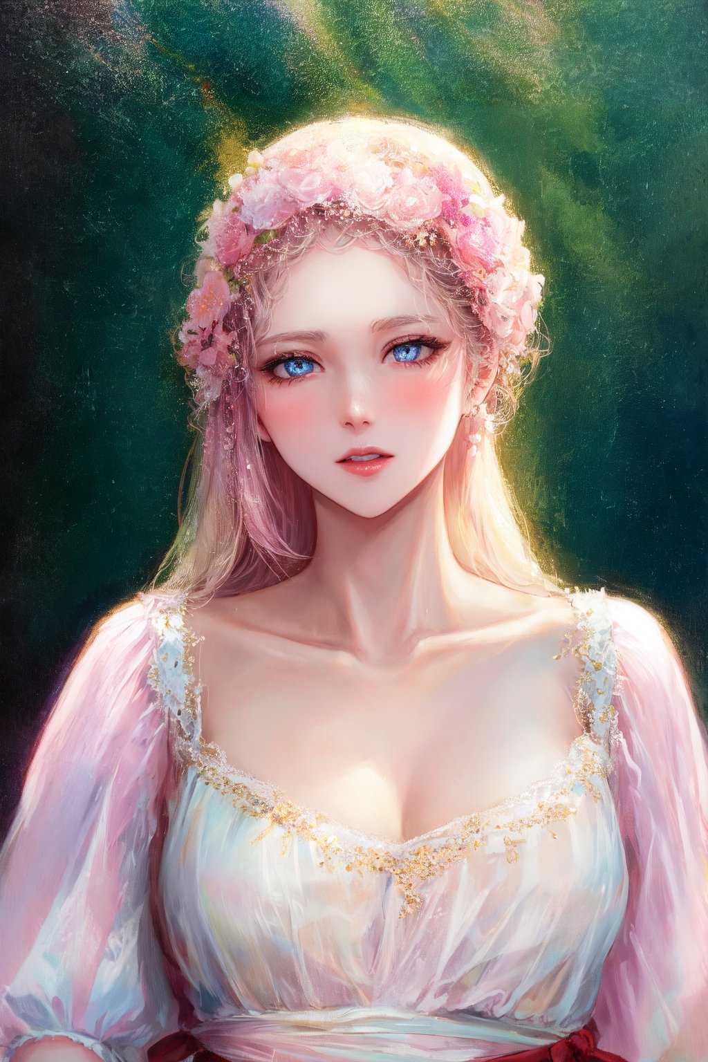 long hair, platinum blonde hair, light blue eyes, curvy, busty, pale, blushing, portrait, light pink lips, frilly white dress,mature female,ON BACK,smug,(bichu),rofan,masterpiece,Sora WaterColor