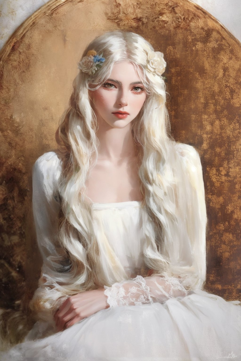 curvy, wavy_hair, (((long_white_hair))), (((white_hair))), white lashes, big brown eyes, defined eyes, frilly white dress, rofan,Sora WaterColor,in a castle, masterpiece,rfdrss,def_face,(bichu),venusbody,COLORED EYELASHES,edgRenaissance,(Eyelashes of any color),white eyelashes