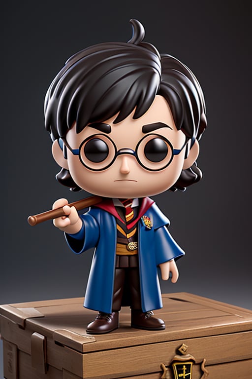 (Funko harry potter Pop,) original box, hyper realistic, detailed, 3D, original, hogwarts costume, wizard's wand,(( harry potter)), magic, plastic doll, realistic, details, shadows, ultra definition, hd, jpg, eye details, well defined colors. 