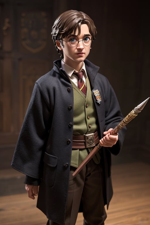 Funko harry potter Pop, hyper realistic, detailed, 3D, original, hogwarts costume, wizard's wand, harry potter, magic, plastic doll, realistic, details, shadows, ultra definition, hd, jpg, eye details, well defined colors. ActionFigureQuiron style