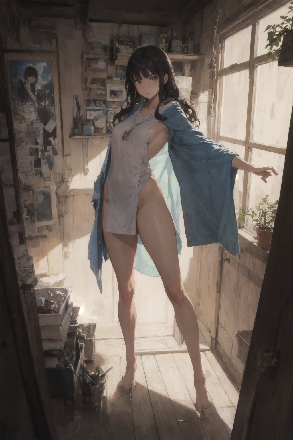 beautiful woman, dynamic pose, action_pose, flowing, drapery, baggy clothes, loose clothes, cool colors, nintendo, guilty gear, berserk, long flowing hair, (cottage interior background),realistic proportions, anatomy study, nsfw,oldschool,retro, full body, Gustav Klimt, character concept, character design, character art, 8k, best quality, detailed hair, detailed eyes, oil paint,watercolor,textured, (insane), psychedelic, dynamic, pose, model,dungeon ,perfect figure, tall,athletic, leggy, realism, watercolor, oil painting, classical, Japanese traditional, diffused lighting