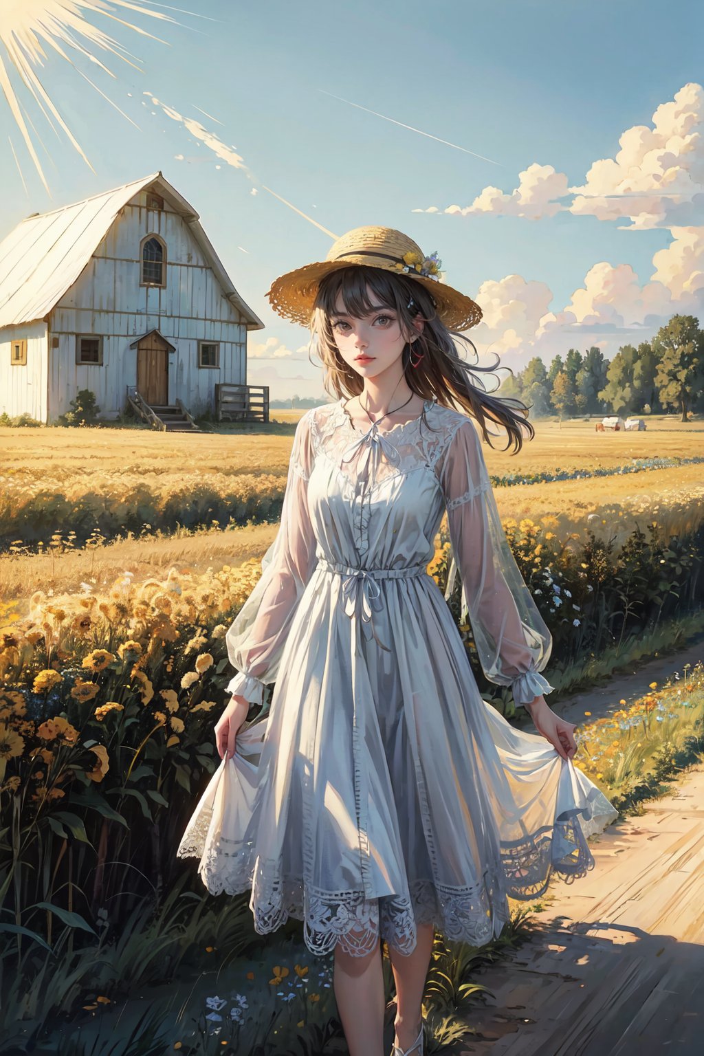 ((a girl with flowers in her hair, walking in a field of yellow hay. She is wearing a white dress, and a hat made of straw. The midday sun is shining, and the sky is blue. There is a red barn in the distant horizon. )) ((plein air by sergey kuleshov)) ((oil painting)) ((beautiful)) ((serene)) ((azure)) ((peaceful)) ((nostalgia)) ((nostalgic)) ((masterpiece)) ((best)) ((highly detailed)) ((4k)) ((painterly))