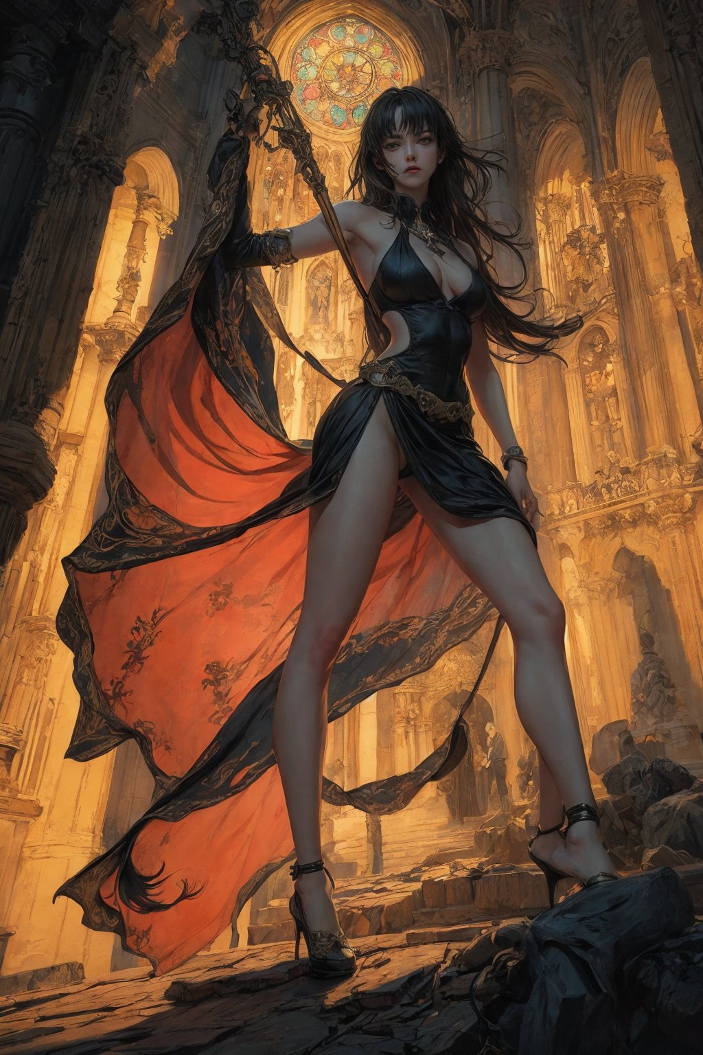 a beautiful woman, dynamic pose, action_pose, flowing, drapery, baggy clothes, monochromatic clothes, cool colors, nintendo, guilty gear, berserk, long flowing hair, (cathedral hall background),realistic proportions, anatomy study, nsfw,oldschool,retro, full body, character contept, character design, character art, 8k, best quality, detailed hair, detailed eyes, oil paint,watercolor,textured, (insane), psychedelic, dynamic, pose, model,dungeon ,perfect figure, tall, slender,athletic, long legs, leggy, realism, watercolor, oil painting, classical, Gustav Klimt, Greek sculpture,