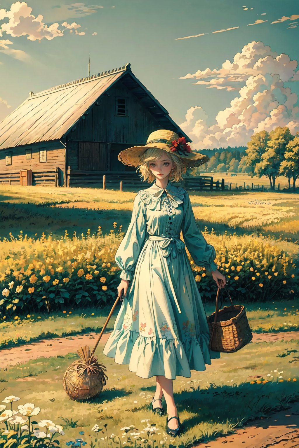 ((a girl with flowers in her hair, walking in a field of yellow hay. She is wearing a white dress, and a hat made of straw. The midday sun is shining, and the sky is blue. There is a red barn in the distant horizon. )) ((plein air by sergey kuleshov)) ((oil painting)) ((beautiful)) ((serene)) ((azure)) ((peaceful)) ((nostalgia)) ((nostalgic)) ((masterpiece)) ((best)) ((highly detailed)) ((4k)) ((painterly)),fate/stay background