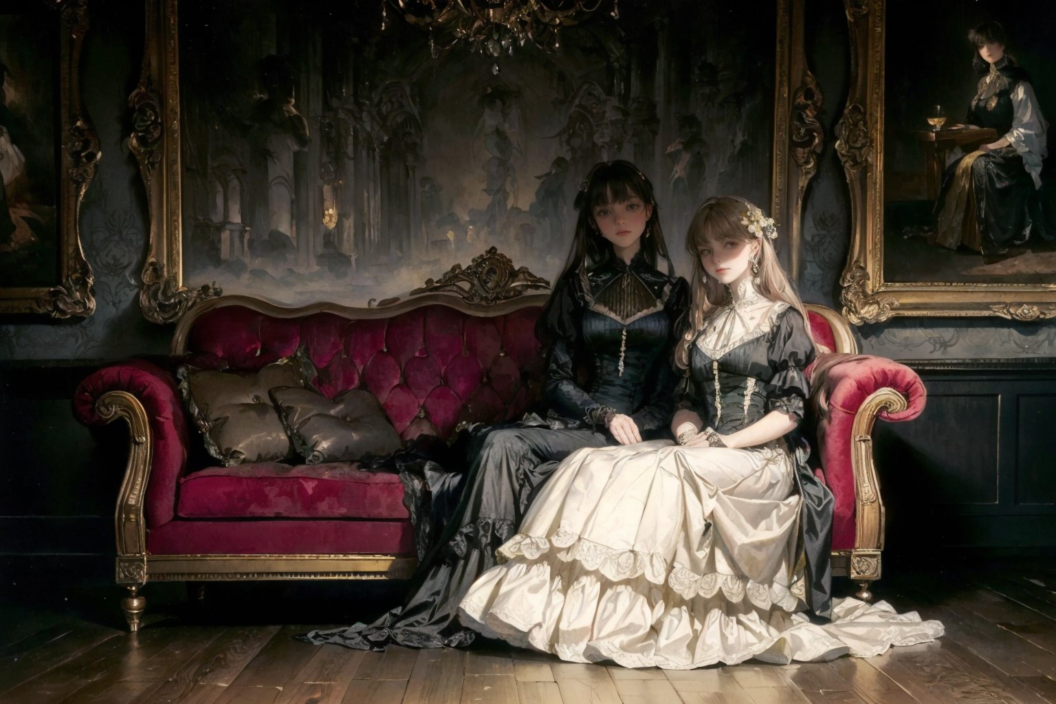 (( portrait of two women sitting next to each other on an opulent sofa. They appear to be sisters with straight hair, wearing lavish victorian dresses that speak of aristracy. the background is a dark room)) ((painting by anders zorn)) ((painterly)) ((good composition)) ((old master)) (( dark)) ((masterpiece)) ((best)) ((highly detailed)) ((4k)) , ((zorn palette))