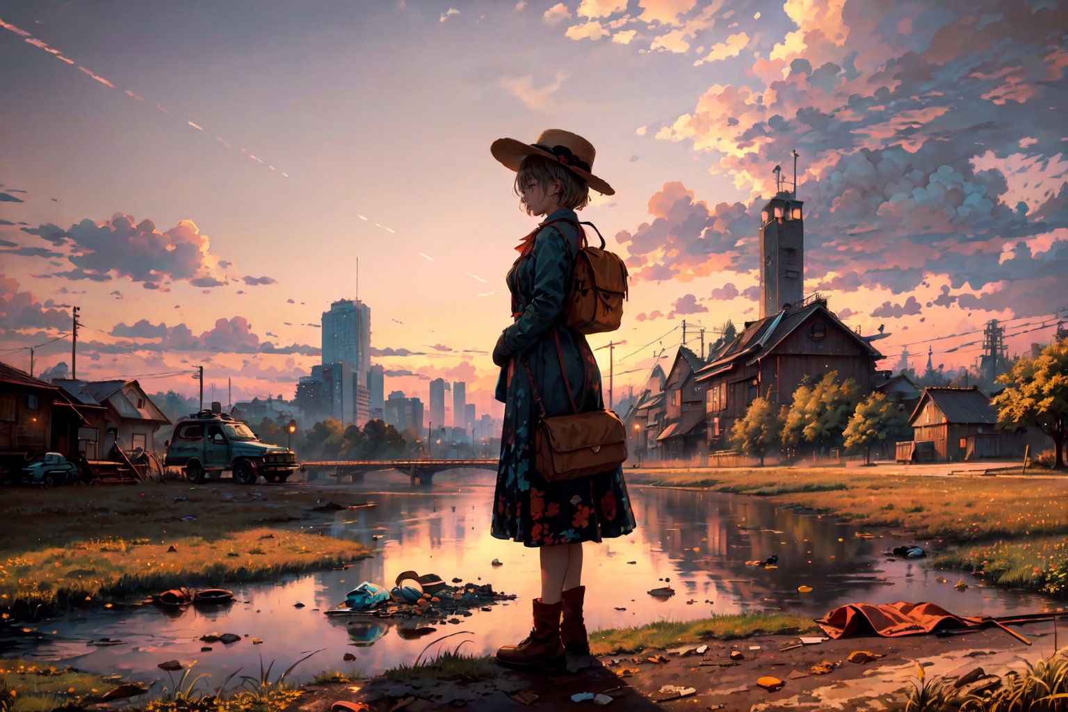 ((A girl is standing in an empty street in an empty city. You can see lights in the horizon coming from distant buildings and skyscrapers, and the setting sun casts a yellow or orange light as the evening progresses. The girl is wearing a rural dress and a hat made of straw, in contrast to her urban environment. The sky is red and there are scant pieces of trash flying. )) ((plein air by sergey kuleshov)) ((oil painting)) ((beautiful)) ((serene)) ((azure)) ((peaceful)) ((nostalgia)) ((nostalgic)) ((masterpiece)) ((best)) ((highly detailed)) ((4k)) ((painterly)),fate/stay background ((far cry 5))