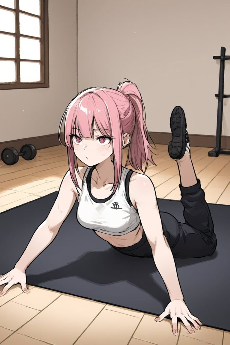 Score_10_up, Score_9_up, Score_8,Character,NSFWchuca, pink hair, sportswear, ohm pose, Yoga, in a star room, Sitting on the floor, yoga, ohm pose