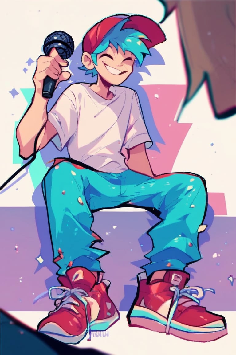 Digit4l,Score_9_up,score_8_up,score_7_up,score_tag,Boy, Blue hair,white shirt, blue pants,Red cap, red shoes, smiling, microphone in hand,FNF