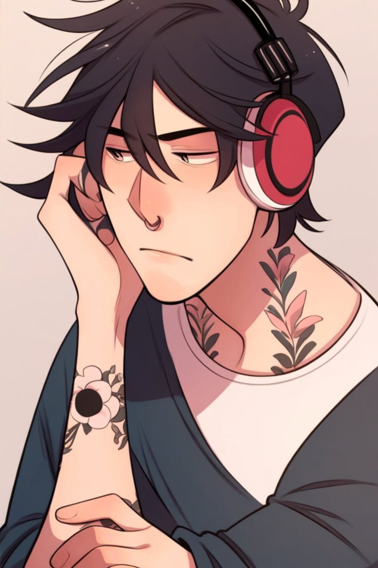 Score_9_up,score_8_up,score_7_up,score_6_up,,score_tag,Boy,tattoo on arm,serious,short black hair,tshirt,headphones,bored 