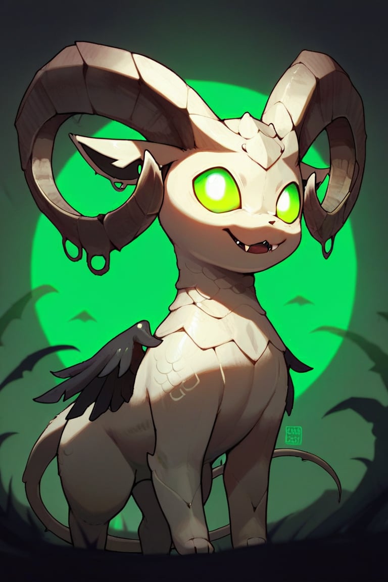 Score_10_up, Score_9_up, Score_8,Eeveelution,score_tag, completely black fur, green eyes, big horns, black very small wings, limp fangs, bright eyes,full-bodied, small body,a little far from the camera