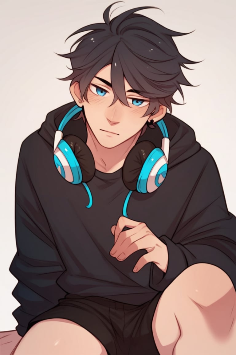 Score_9_up,score_8_up,score_7_up,score_6_up,,score_tag,Boy, short hair, blue, headphones, blue eyes, black pullover and black shorts,Gopn1k