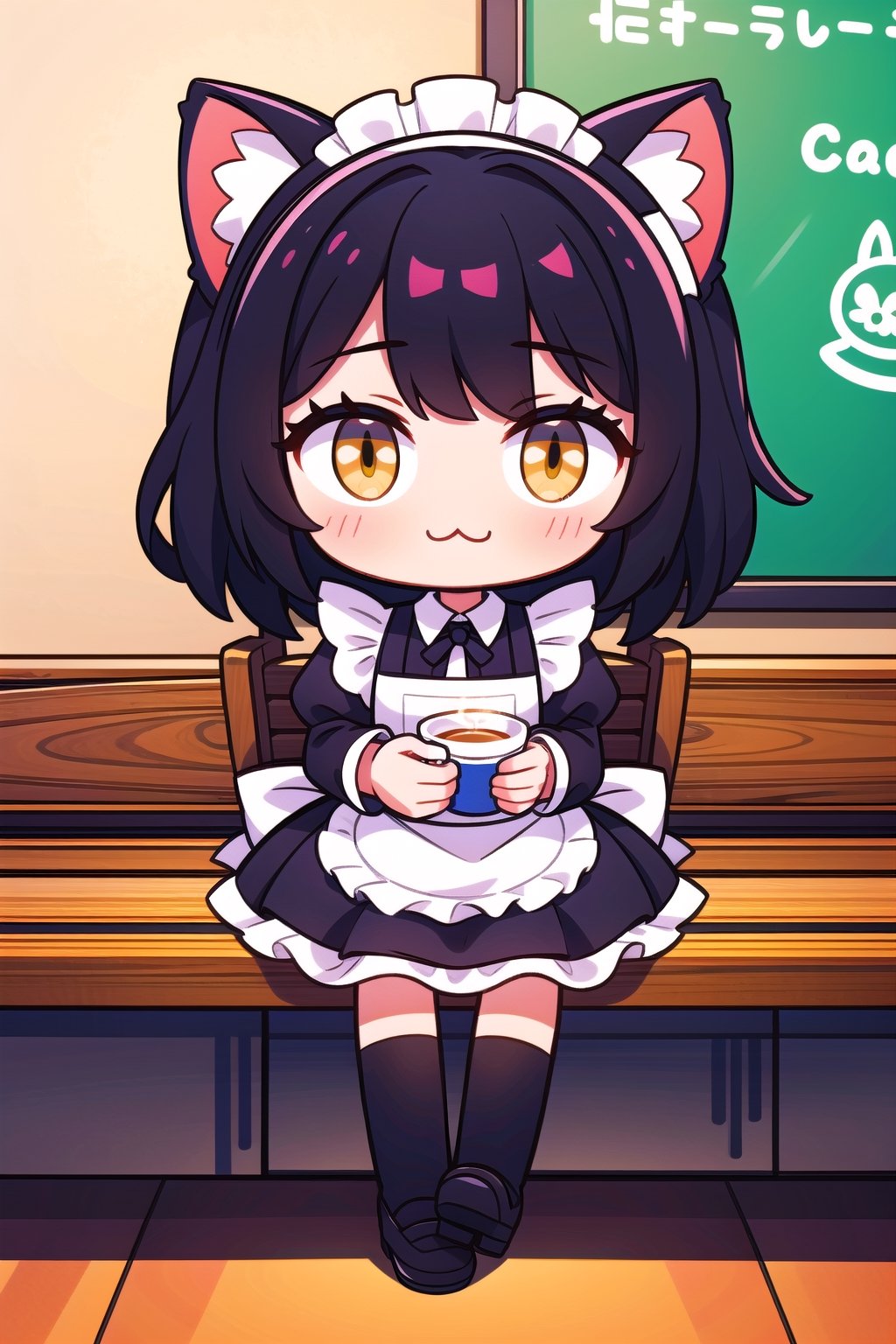 (masterpiece), cafe, sitting, 1girl, black hair, yellow eyes, maid, maid headdress, cat ears, :3, Neco Arc