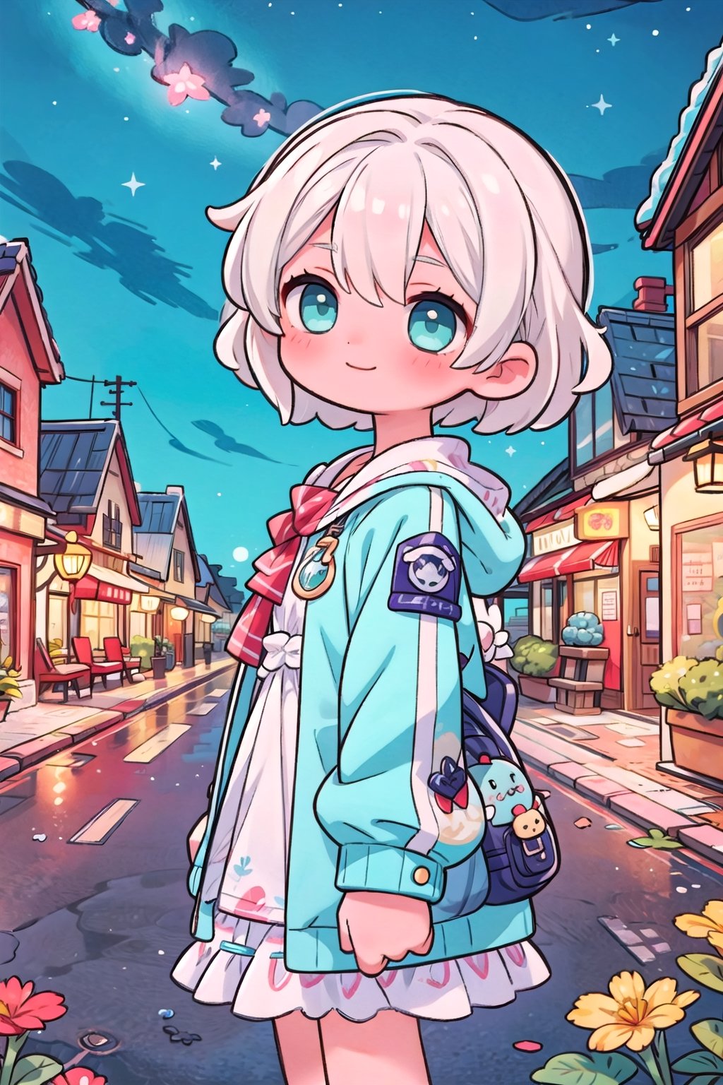 (masterpiece), (outdoors, night, scenery:1.2), starry sky, town, 1girl, smile, white hair, medium hair, aqua eyes