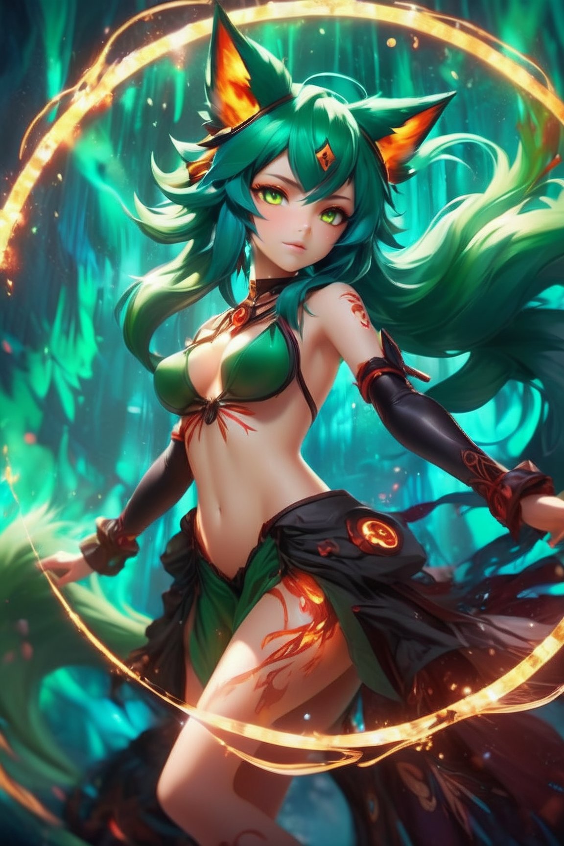 (cute nude dark flame foxy, flaming veins), dark and green tones,green flame (masterpiece, best quality, ultra-detailed, best shadow), (detailed background,dark fantasy), (beautiful detailed face), high contrast, (best illumination, an extremely delicate and beautiful), ((cinematic light)), colorful, hyper detail, dramatic light, intricate details, (1girl, solo, green hair, sharp face, white amber eyes, hair between eyes,dynamic angle), blood splatter, swirling black light around the character, depth of field, light particles,(broken glass),magic circle, Spirit Sonic Pendant,Nine tail fox,full size,Yae Miku,trading_card,trading_cards borders,oni style,Eagle ,cyborg style,6000, full body