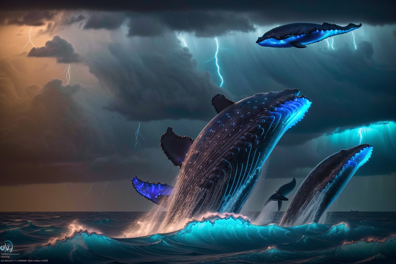 scenery, ((storm)), middle of ocean, (((HD))), ((super detailed)), (wavy concept), ((insanely detailed water)), (((dramatic))), ((nature)), (cloudy), (lightning), ((neon mist)), ((masterpiece)), (detailed light), (bioluminescent), (((glass morphic))), (((waves crashing on each other))), (((whales jumping out the water))), (((abnormally large squid)))