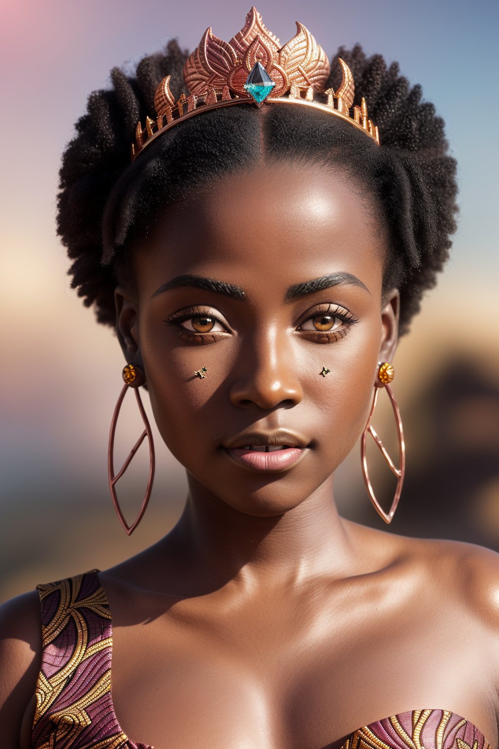 ((beautiful)), (((African Queen))), ((ancient)), (((fantasy art))), (woman), looking at the viewer, (((Realistic))), ((crosshatching)), ((Super realistic)), ((high hd)), (polished), ((silken)), ((cinematic lighting)), (colored), (ink), ((Volumetric)), (detailed face) ((golden ornaments)), (jewelry), (nose piercing), (8 k), ((surreal), (((award winning photograph))), (rich deep colors) (masterpiece), (flawless skin), (expressionless), (little blush), ((piercing hazel eyes)), (Volumetric), (high hd), (glass morphism background), with a touch of surrealism